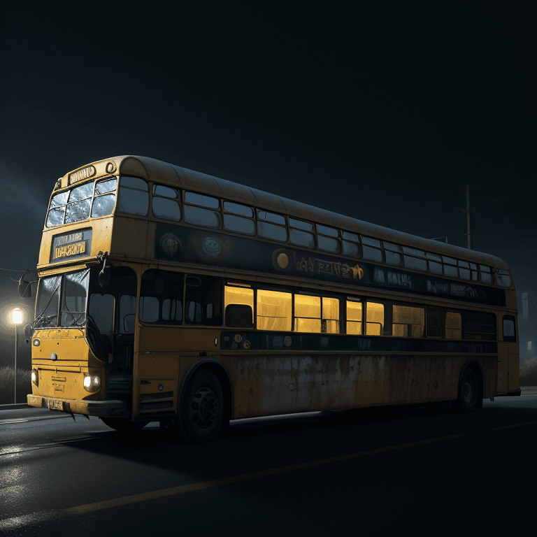 AI generated: Photo of a ultra realistic yellow bus, dramatic light, moonlight, cinematic lighting, battered, low ...