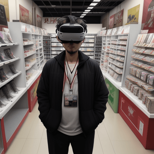 AI generated: male anime store owner with vr head standing outside of the store

.
