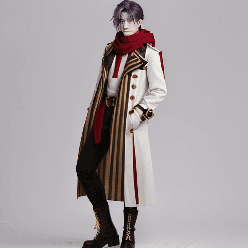 AI generated: boy with purple hair with 3 tips on each side and red strands, brown sweater with white sleeves, red...