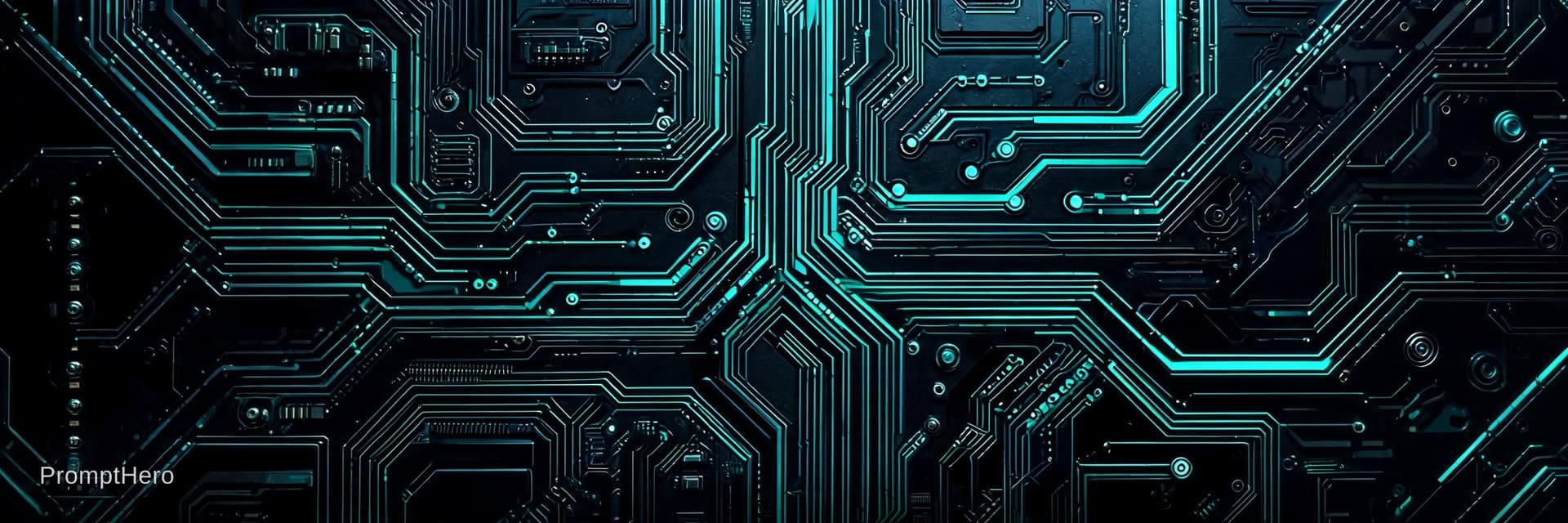 AI generated: dark industrial control panel texture, neon teal glow, circuit board details, deep black background,...