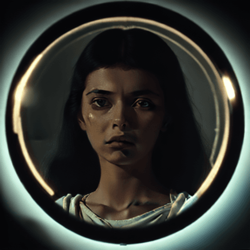 AI generated: A photograph styled to mirror a 1970s cinema frame, featuring a woman who resembles someone in her y...