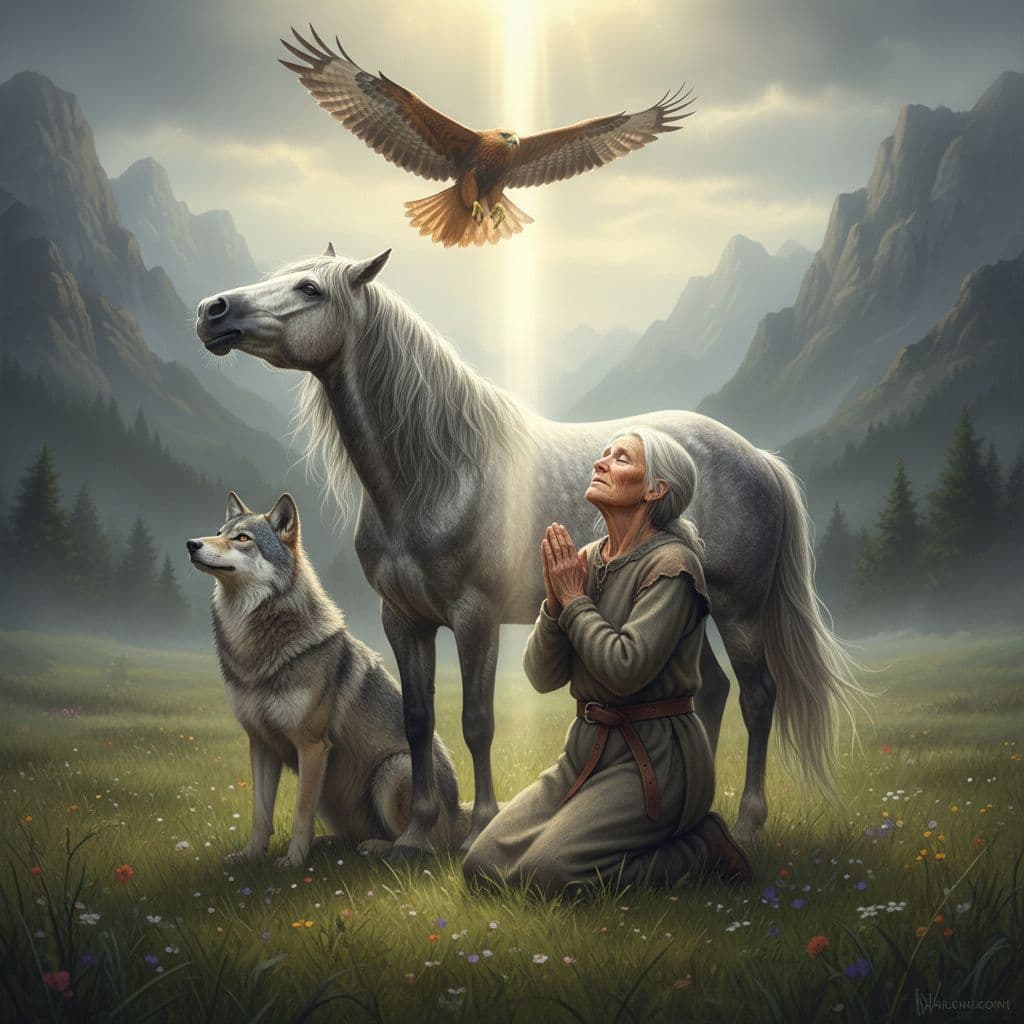 AI generated: old woman, kneeling in prayer, wearing belted tunic, looking up, eyes closed. wild grey horse.  grey...