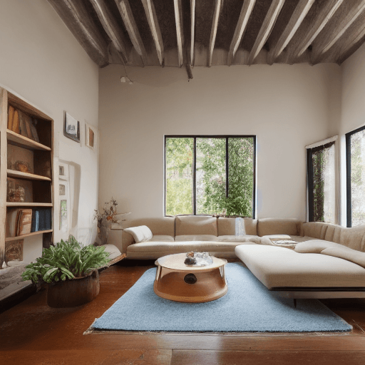AI generated: High resolution photography interior design, dreamy sunken living room conversation pit, wooden floo...