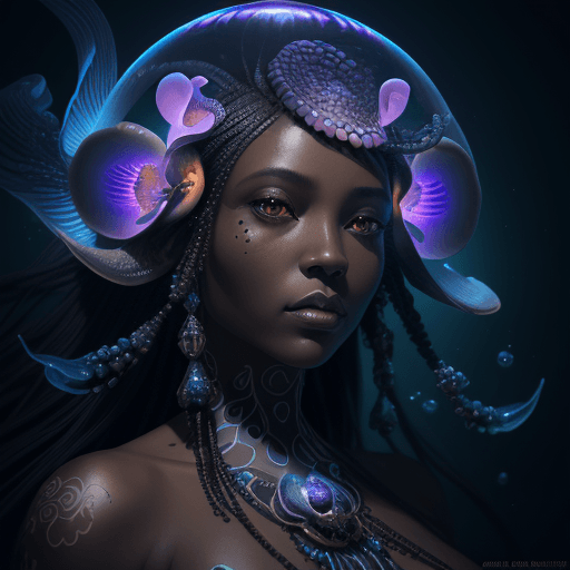 AI generated: Beautiful Black Goddess close-up portrait ribcagel. jellyfish phoenix head, nautilus, orchid, skull,...