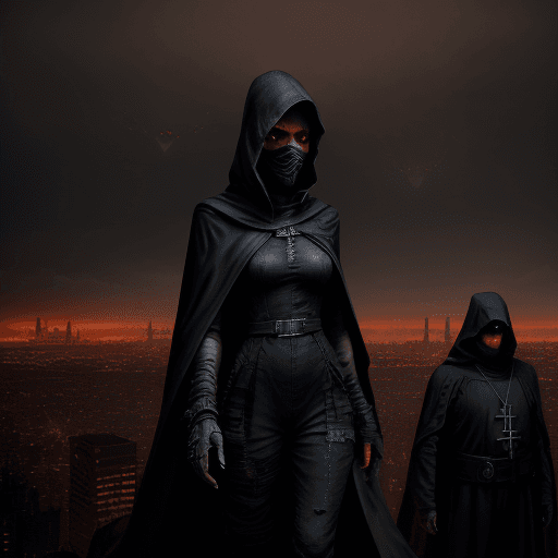 AI generated: A rebellious figure, cloaked in a tattered, dark jumpsuit, stands at the edge of a dystopian citysca...