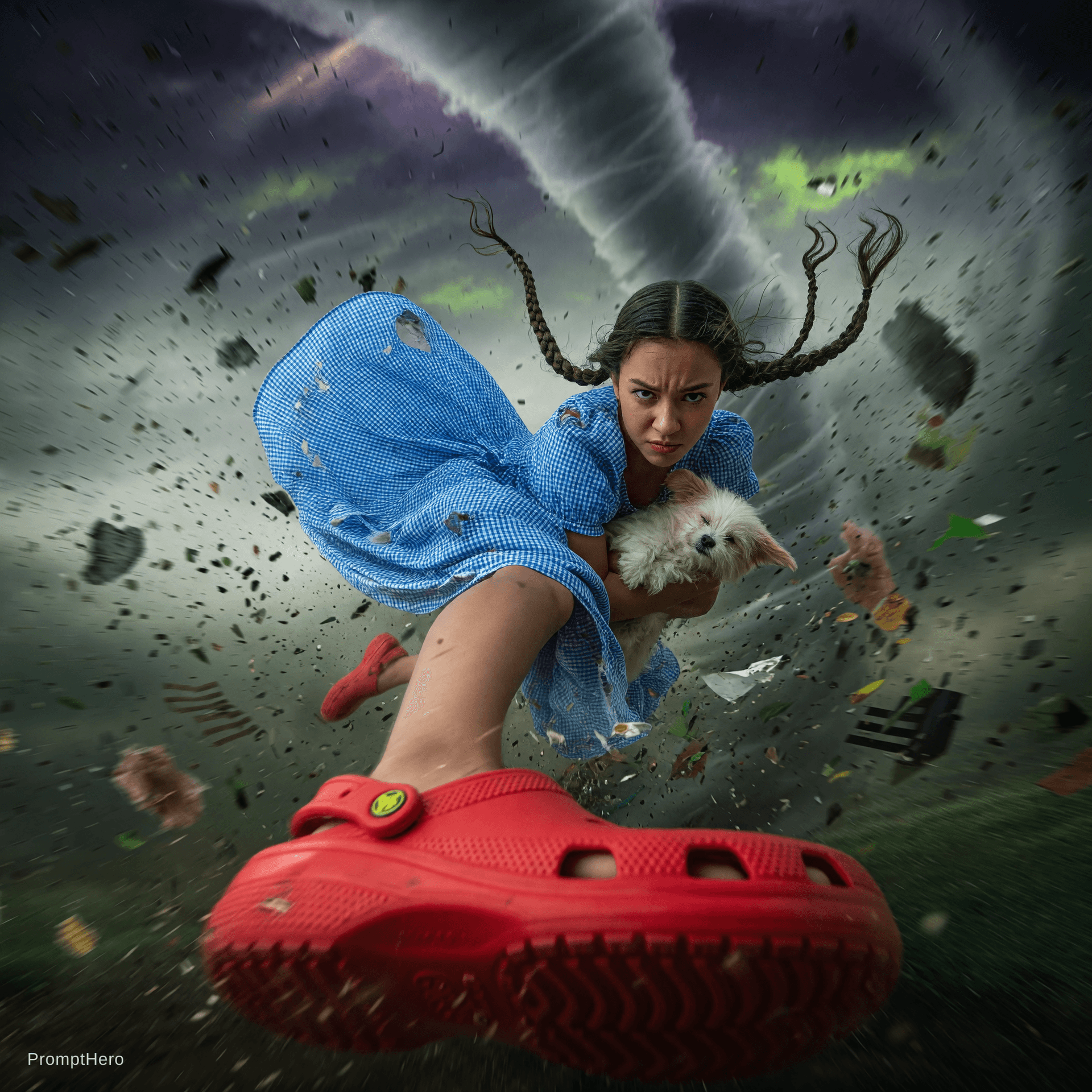 AI generated: {
  "scene": {
    "setting": "inside a swirling tornado",
    "mood": "dramatic and surreal",
    "...