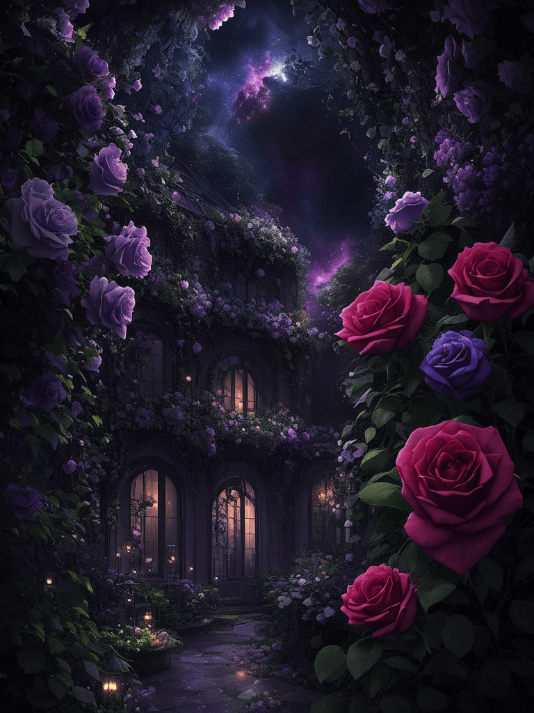 AI generated: secret garden, lush, floral, rose, botanical, romanticism, moody, space, stars, nebula, <lora:epiNoi...