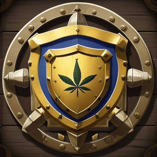AI generated: create a medieval shield, Age Of Empires style, with marijuana details where you can see the word SA...
