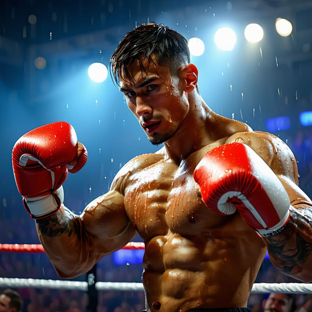 AI generated: A muscular boxer in the ring flexes his chiseled biceps, sweat glistening under intense spotlight. T...