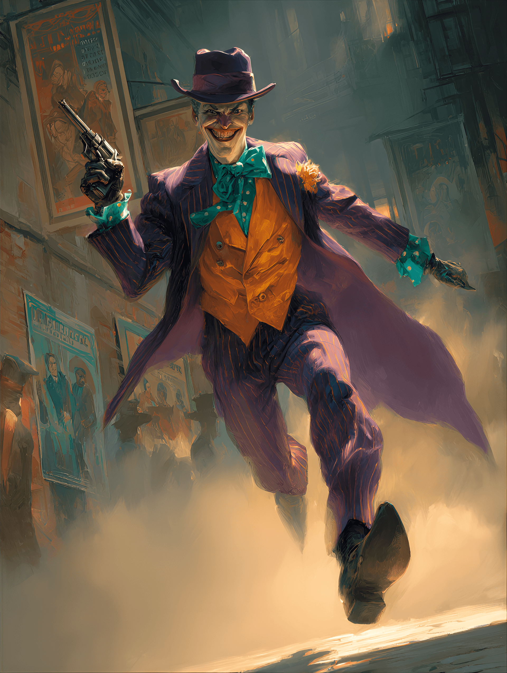 AI generated: The Joker, Caucasian male, mid-30s, wearing a classic purple pinstriped suit, orange waistcoat, and ...
