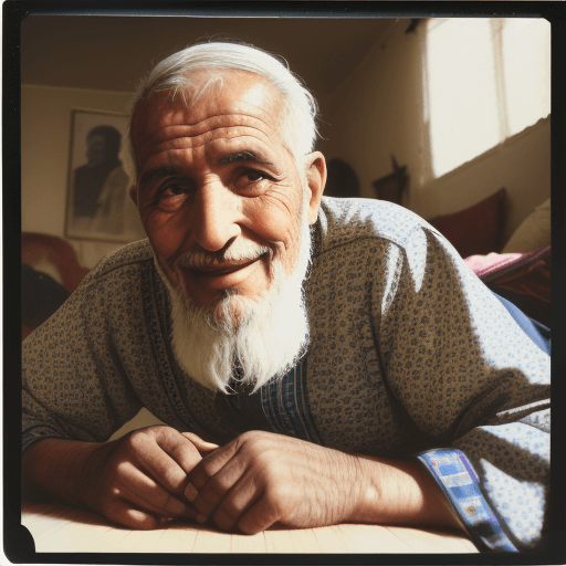 AI generated: A polaroid photo of an old moroccan man with short hair and beard wearing patterned shirt, laying on...