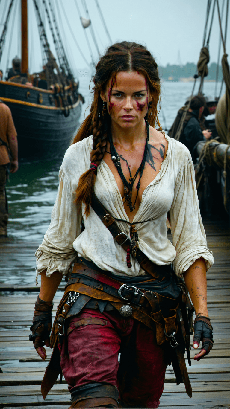 AI generated: A resilient pirate captain, with weathered skin, a scar on her left breast, a determined gaze and ha...