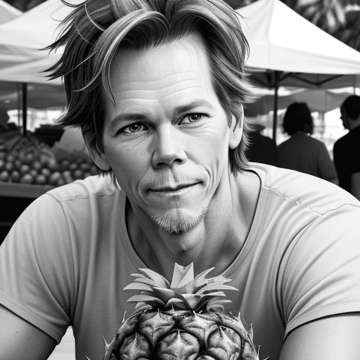 AI generated: Black and white drawing of Kevin Bacon at the Farmer's Market holding a pineapple
