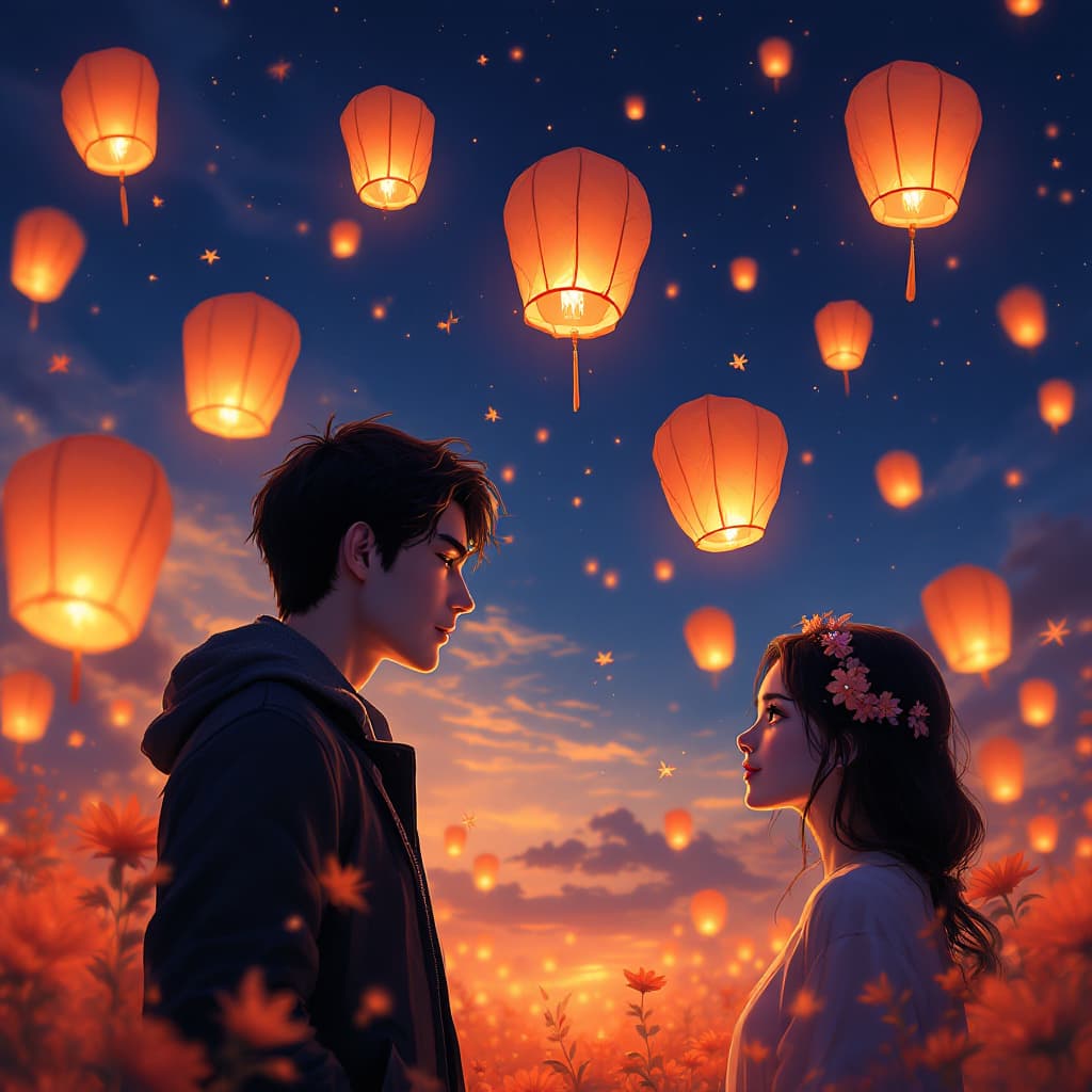 AI generated: Deep blue sky, orange, Kongming lanterns flying in the sky, late at night girl and gilr in love ,flo...
