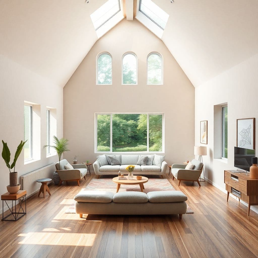 AI generated: High resolution photography interior design, dreamy sunken living room conversation pit, wooden floo...