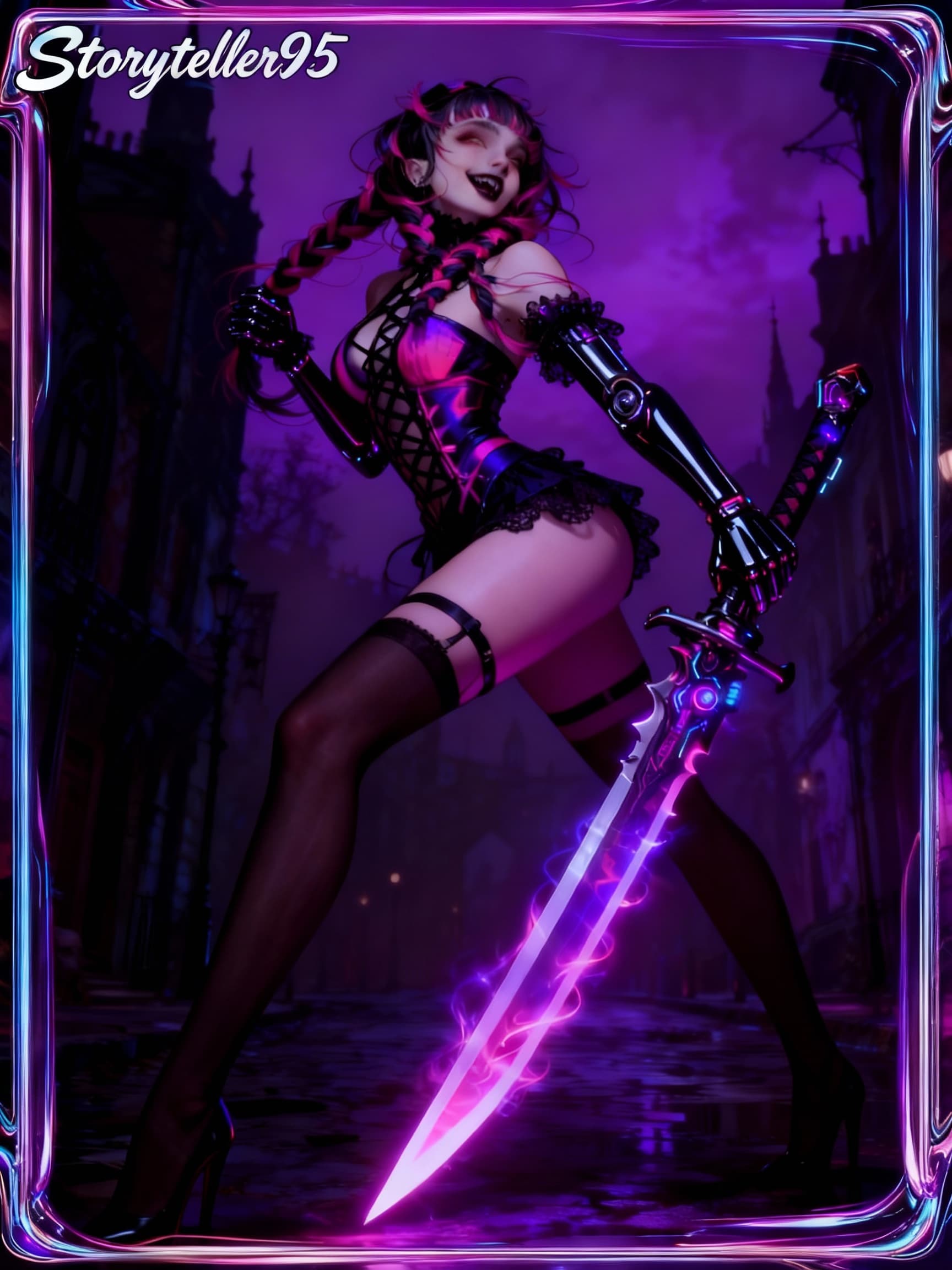 AI generated: 1 girl(solo)Young goth punk,braids,purple palette,black glossy cyber hands,glowing purple cyber swor...