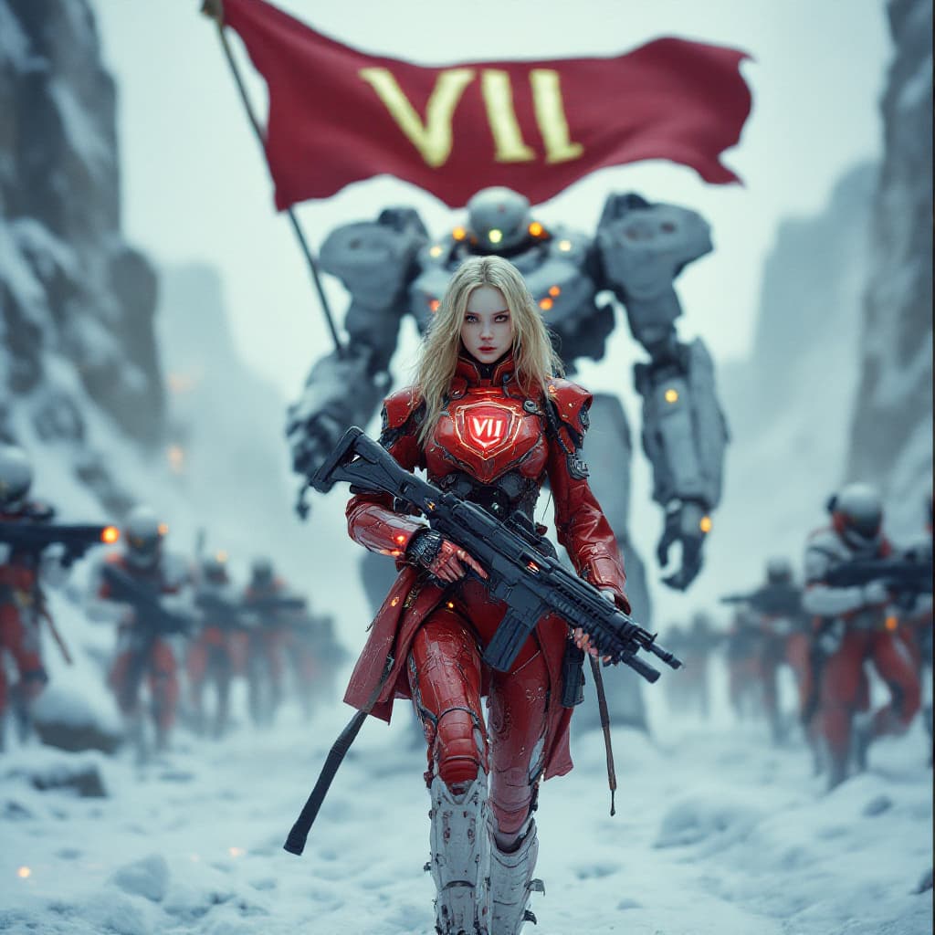 AI generated: 35mm film photography, full body view of  A young cyborg woman with pale skin, blonde hair, hold a b...