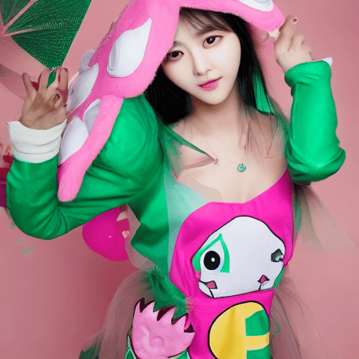 AI generated: beautiful female k-pop idol wearing a cute dinosaur costume, her face is visible:: close up portait,...