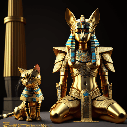 AI generated: The Egyptian god Horu, god armor, Egyptian cat statue next to Egyptian god Horu, gold, jewelry, gaud...