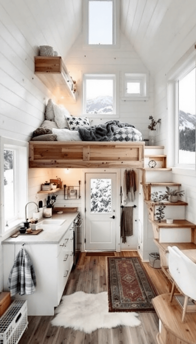 AI generated: photo of a tiny house with 2 floors, cozy white and wood interior, small space, minimalistic decor, ...