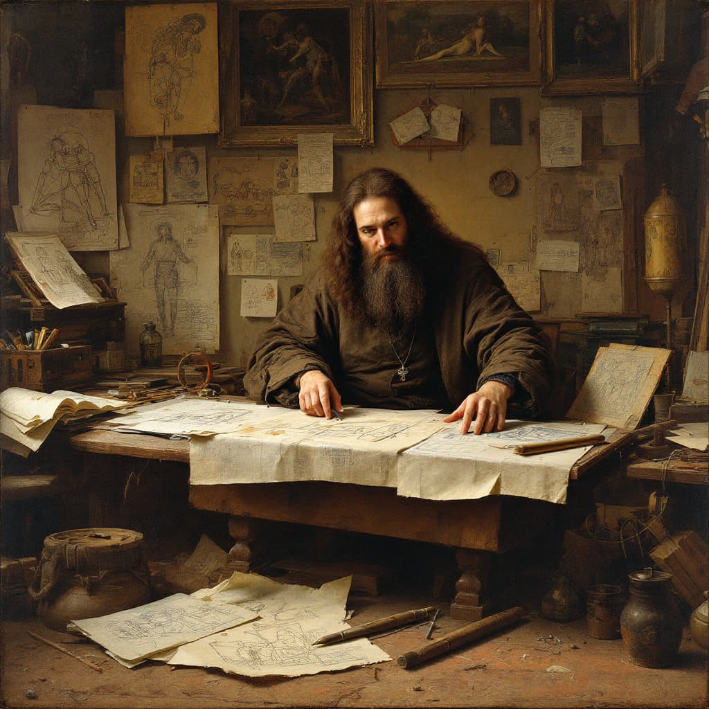 AI generated: •	"Leonardo da Vinci in his workshop, surrounded by sketches, inventions, and half-finished painting...