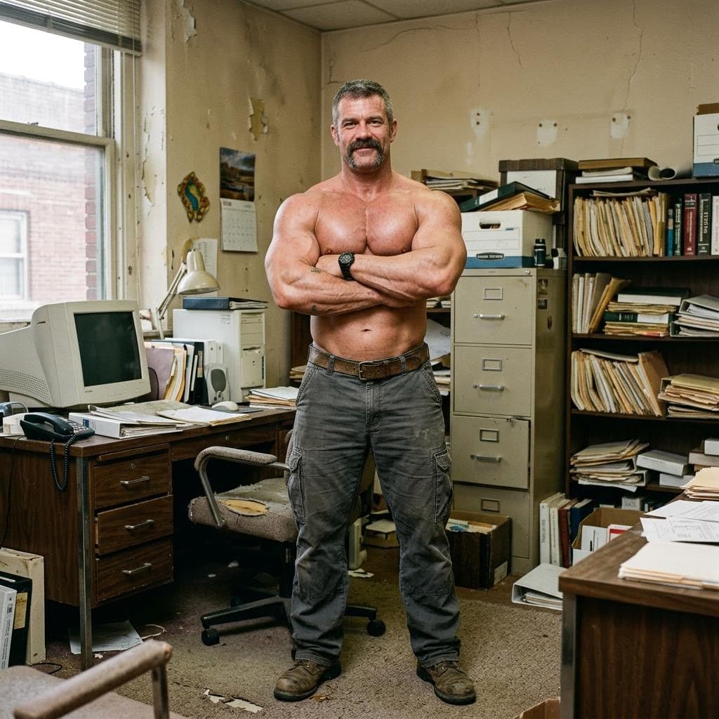 AI generated: realistic muscular 40-year-old daddy bodybuilder, with huge chest muscles, with horseshoe mustache, ...