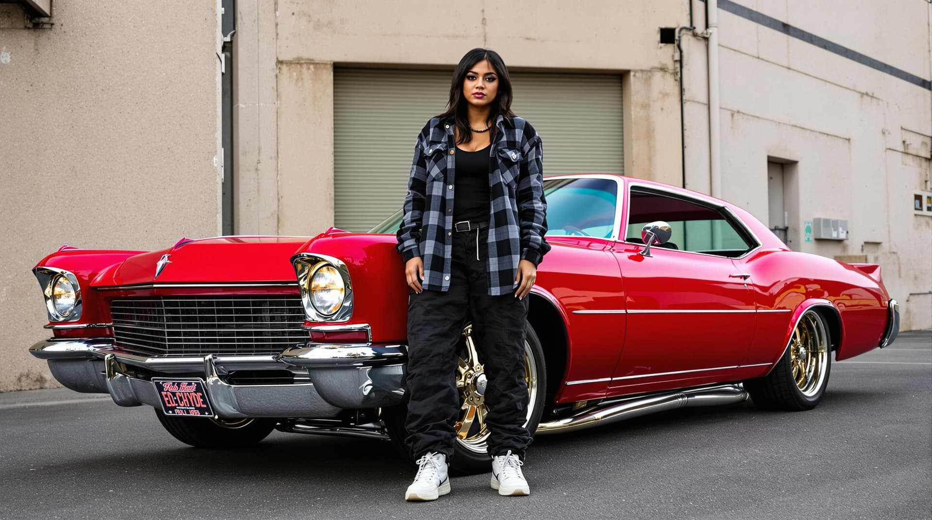 AI generated: A 22-year-old Latin-American girl in gang attire—oversized flannel, tank top, baggy pants, and chunk...