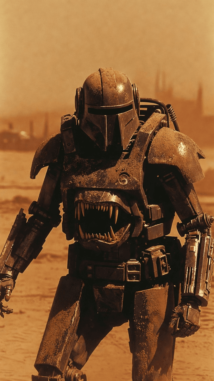 AI generated: A cinematic wide shot of a lone warrior in a desolate, sandy wasteland. They are wearing heavy, bulk...