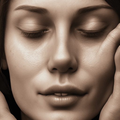 AI generated: cinematic medium closeup of a slim european woman, (hyper detailed skin), closed eyes,