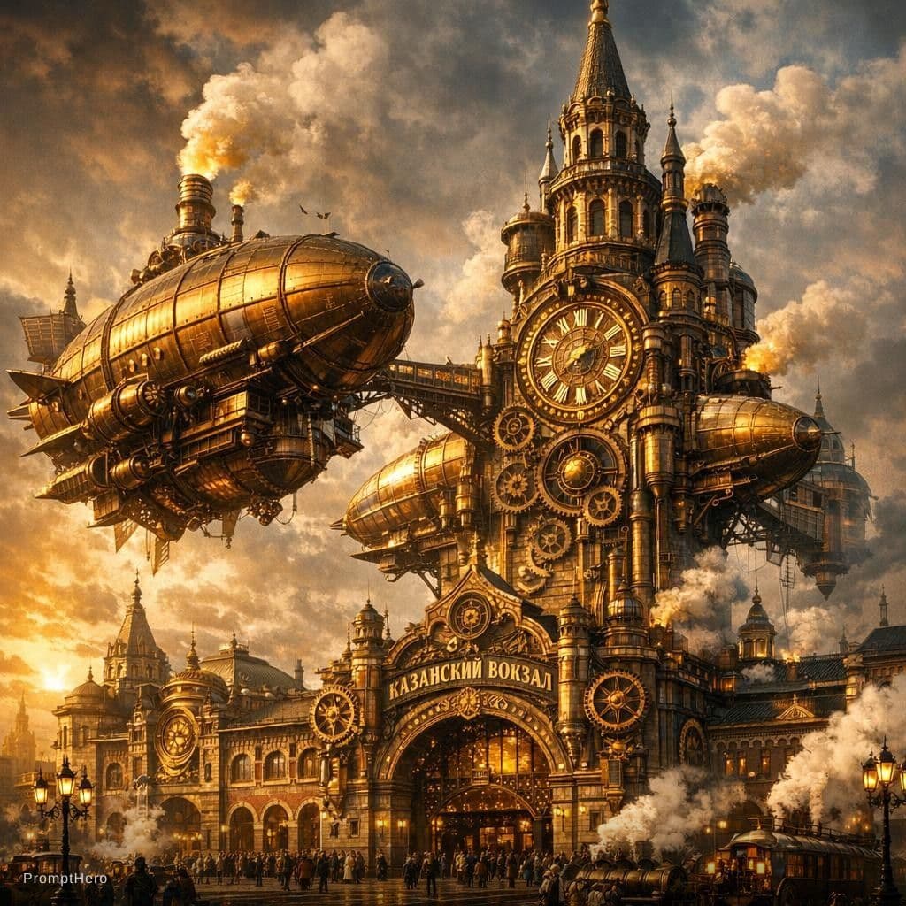AI generated: Kazan Railway Station Moscow reimagined in epic steampunk style. Tower of Suyumbike as a docking sta...