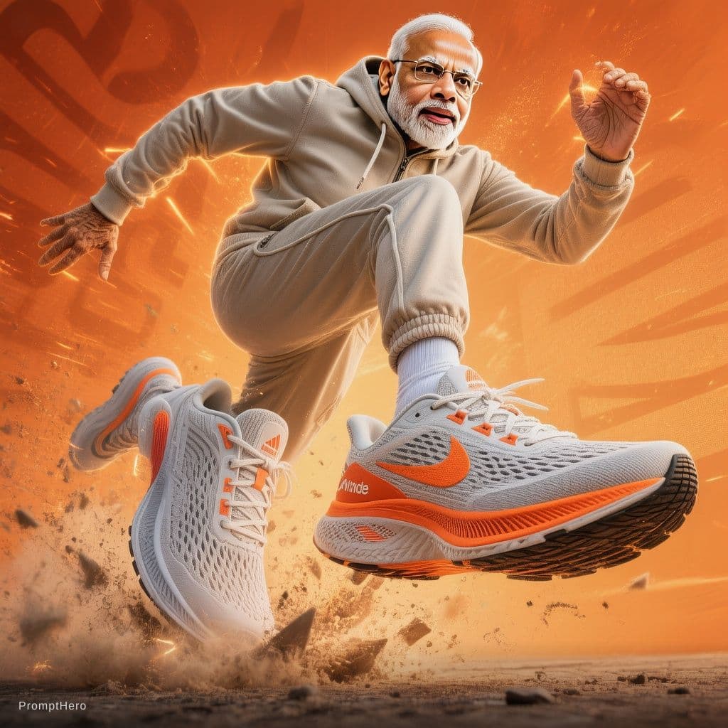 AI generated: A dynamic sportswear advertisement featuring Narendra Modi ( Prime minister of India) captured mid-a...