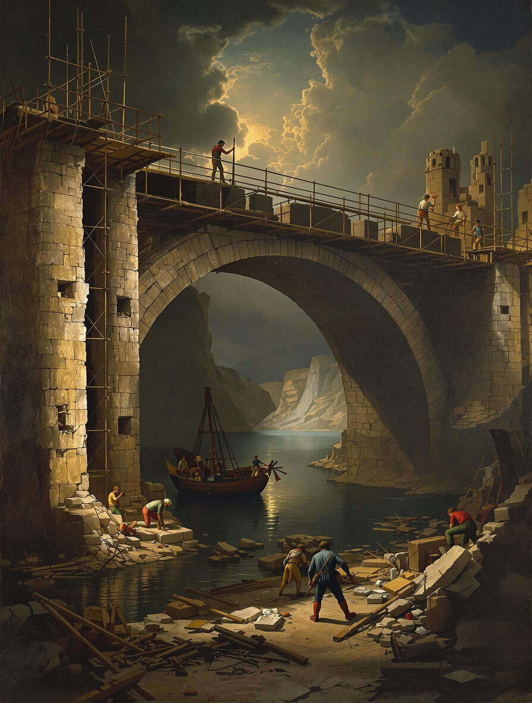 AI generated: Create an image in the style of Joos de Momper and Caravaggio, depicting the early stages of a bridg...