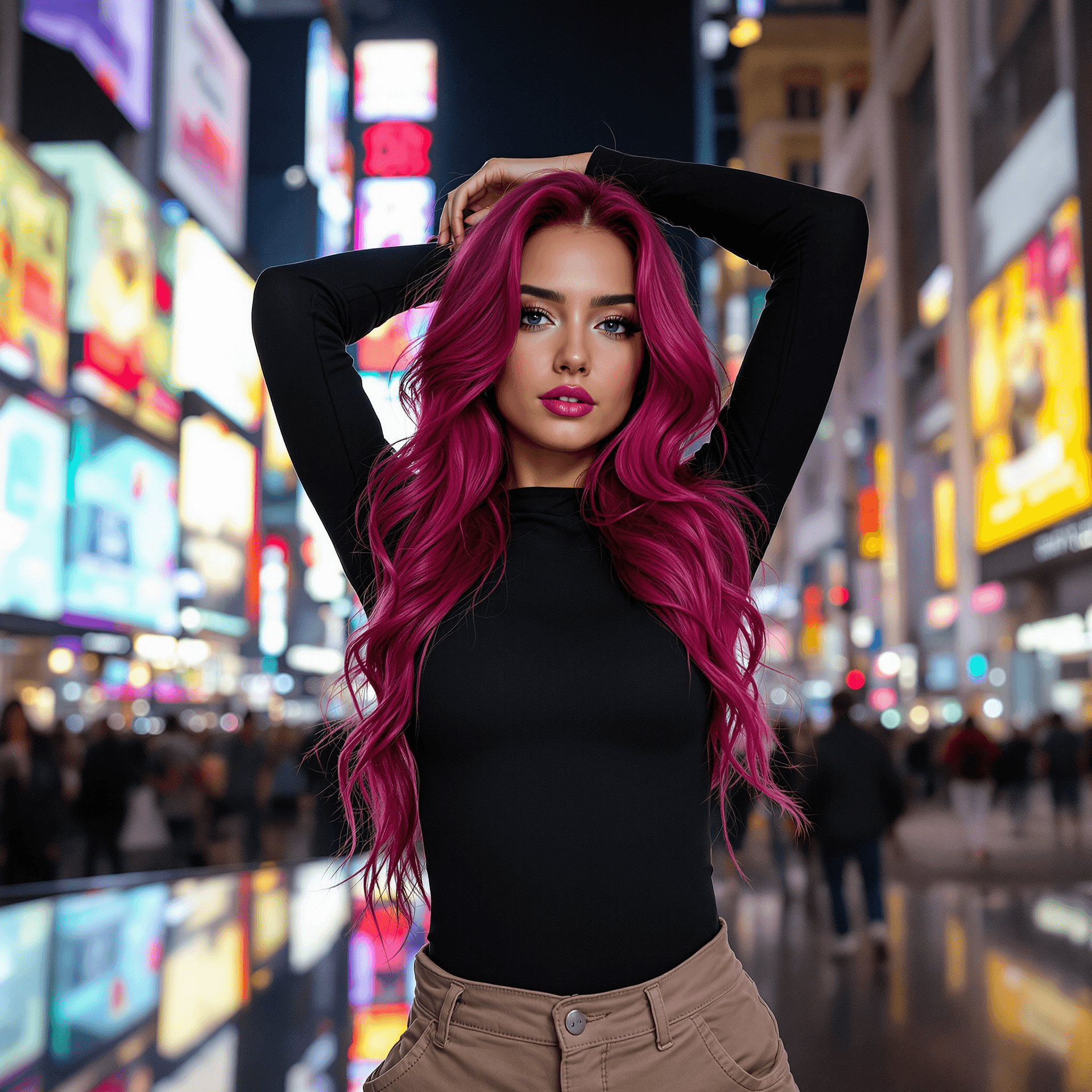 AI generated: The image features a person in a body of , . They are wearing a fitted black Dress   top that accent...