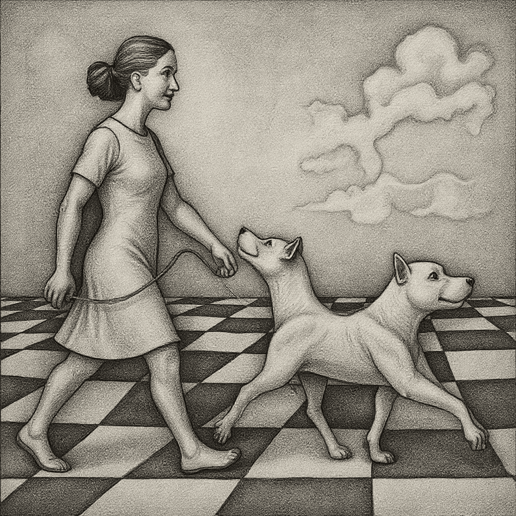 AI generated: a drawing in the style of M. C. Escher starts on the left side of the image where a single woman wal...