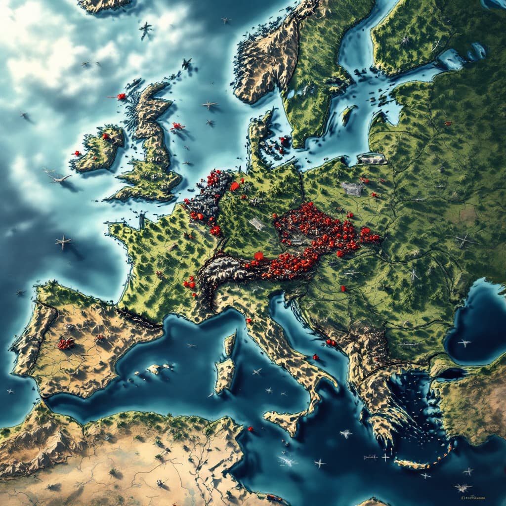 AI generated: ww2 battle strategy map in Europe and more realistic zoomed in
