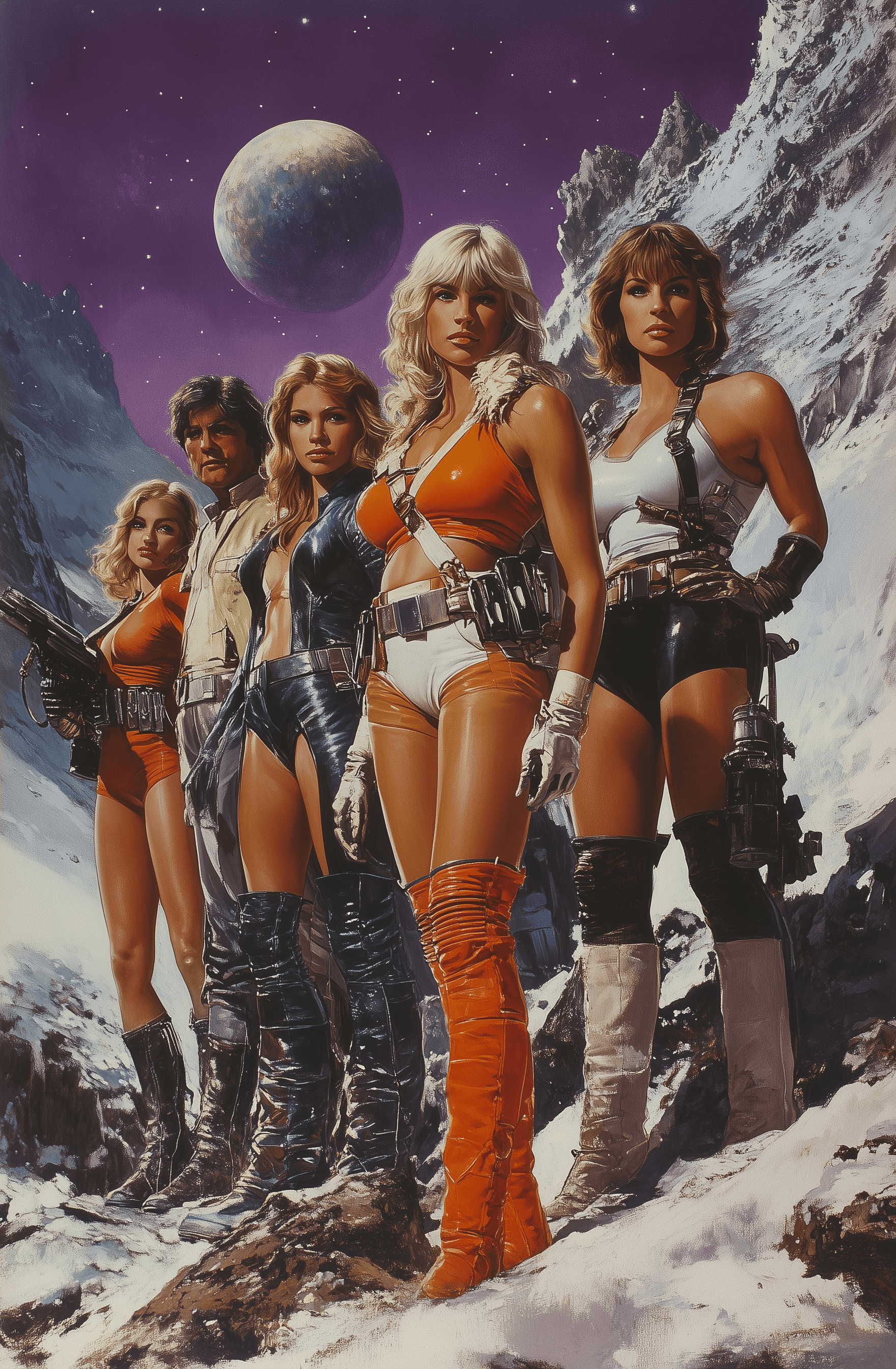 AI generated: 70s sci-fi cover art of the silver age, full body shot men and women with short white hair in futuri...