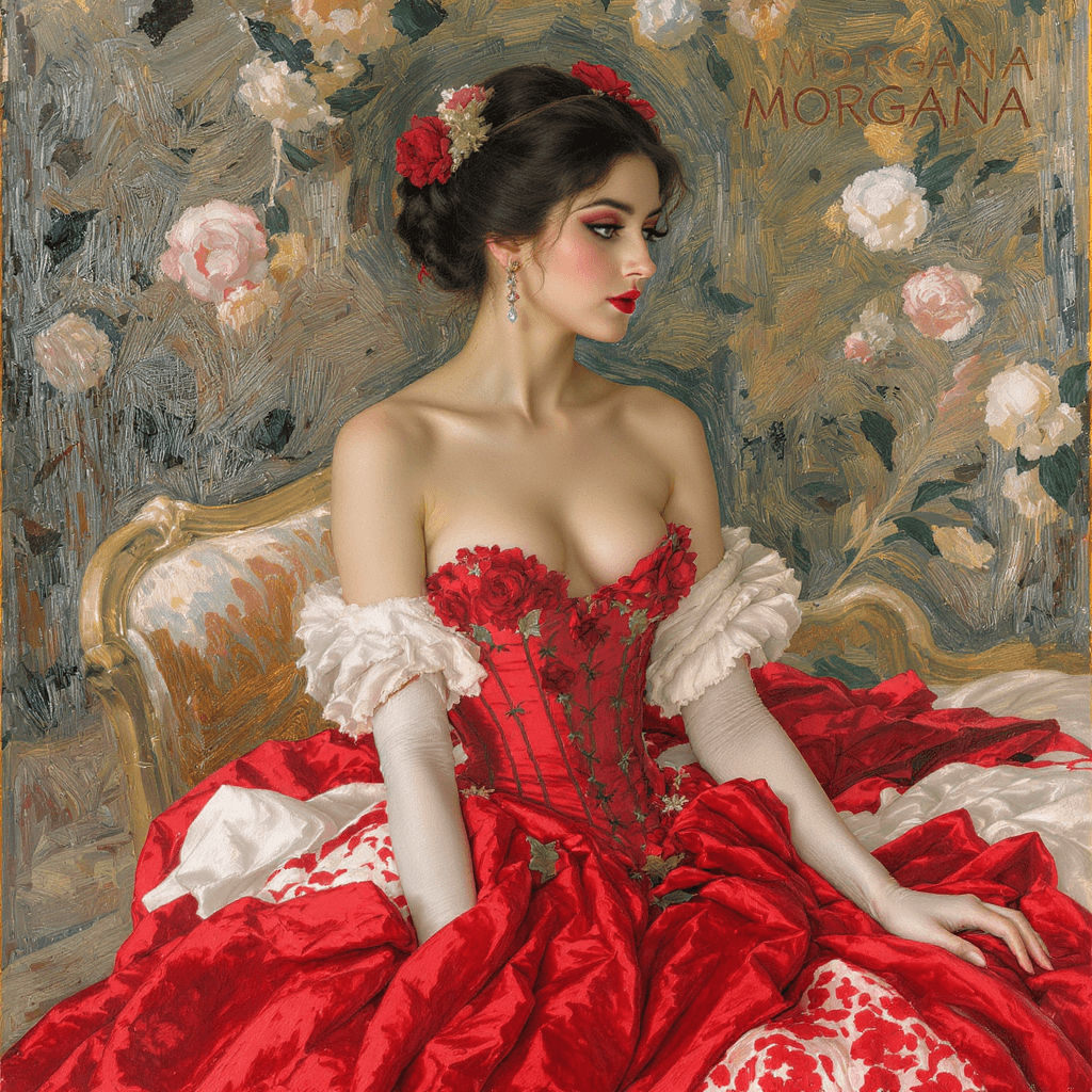 AI generated: 
Impressionist painting of a dark-haired woman wearing a red dress and a corset embroidered with re...