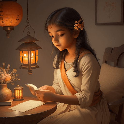 AI generated: A charming illustration depicts an Indian girl immersed in a book, seated at a rustic table adorned ...