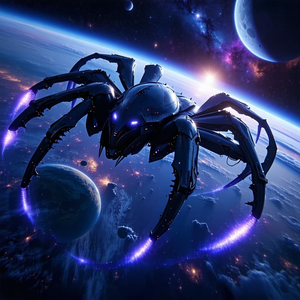AI generated: Imagine, in detail, a small Spider design one-man combat-fighter alien spaceship to show a sleek des...