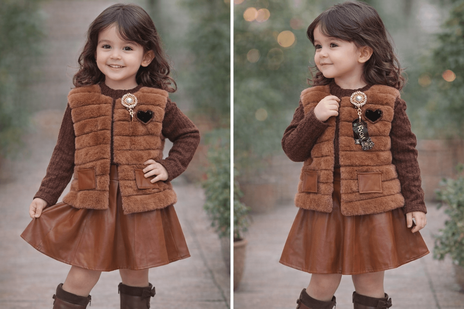 AI generated: Complete image of a girl of 6 years old wearing this clothes with 2 differente positions
