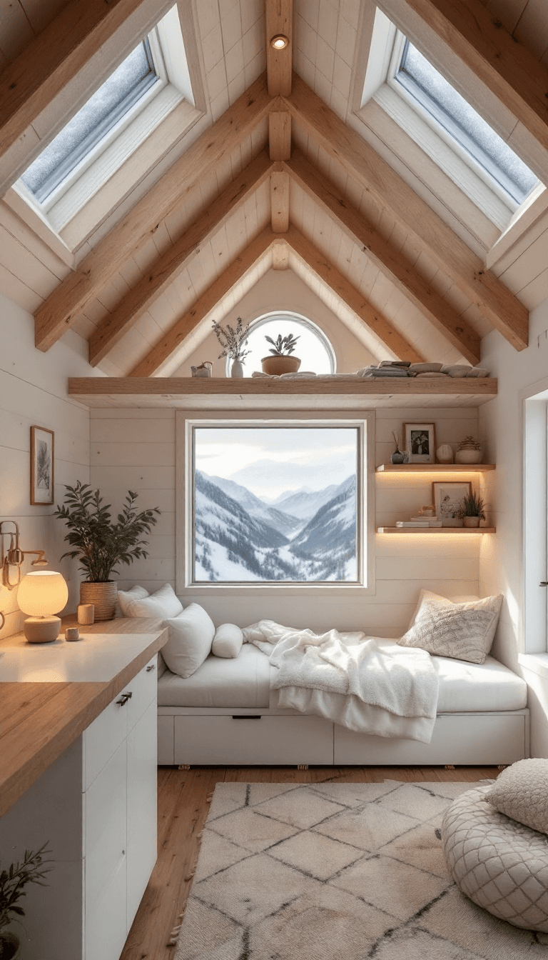 AI generated: photo of a tiny house with 2 floors, cozy white and wood interior, small space, minimalistic decor, ...