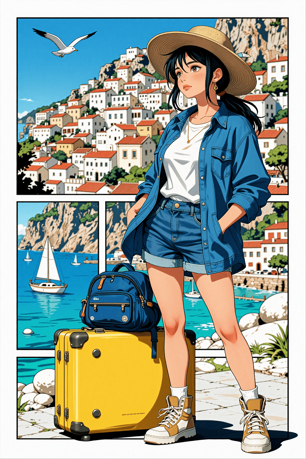AI generated: A vertical, comic-book style illustration rendered in a crisp "ligne claire" (clear line) aesthetic ...