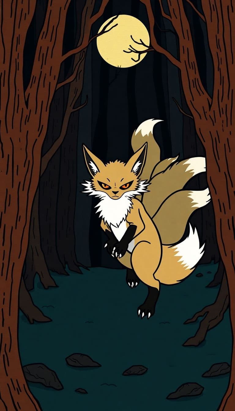 AI generated: UPA cartoon style japanese fox spirit yokai with nine tails in a dark forest. 1950s limited animatio...