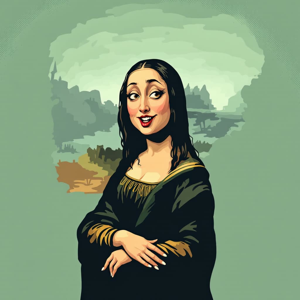 AI generated: caricature illustration,Mona Lisa comic book character, hilariously exaggerated features --ar 1:2 --...