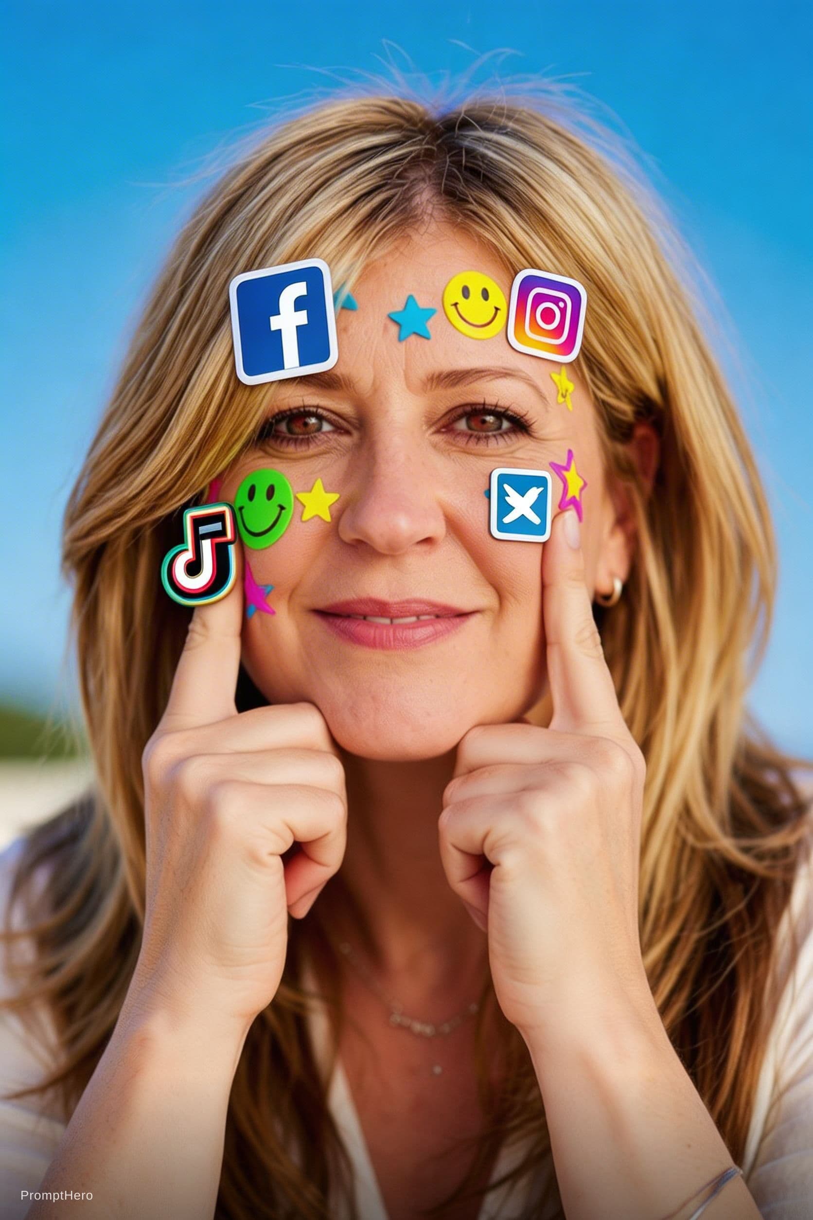 AI generated: ajoutes des les picto desreseaux sociaux sur le visage 