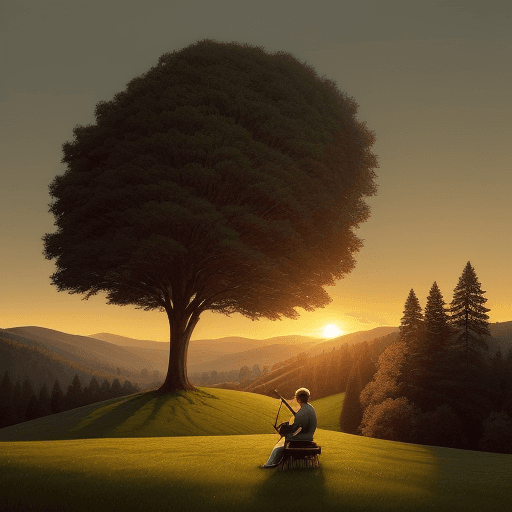 AI generated: The image depicts a serene landscape of rolling hills and towering trees, with a lone figure sitting...