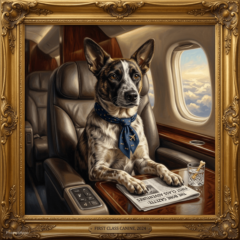 AI generated: make it a funny scene of her be creative, shes flying on a commercial plane sitting in the first cla...