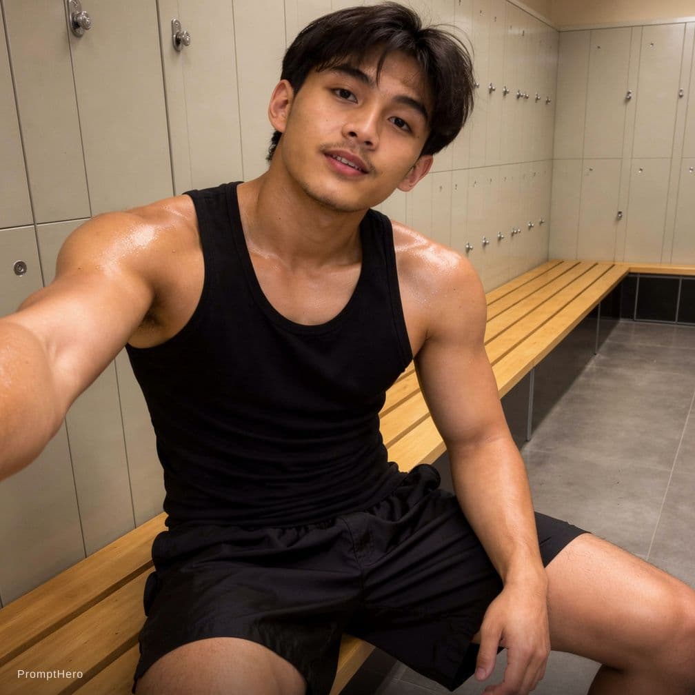 AI generated: 1boy, accurate face, in the locker room, sitting on bench, muscular, sexy, 20 year old, college boy,...
