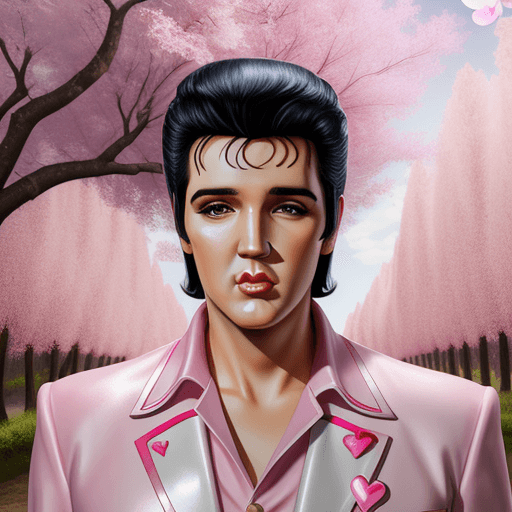 AI generated: Elvis Presley caricature with agent greek clothes, landscape pink trees in silence shiny forest with...