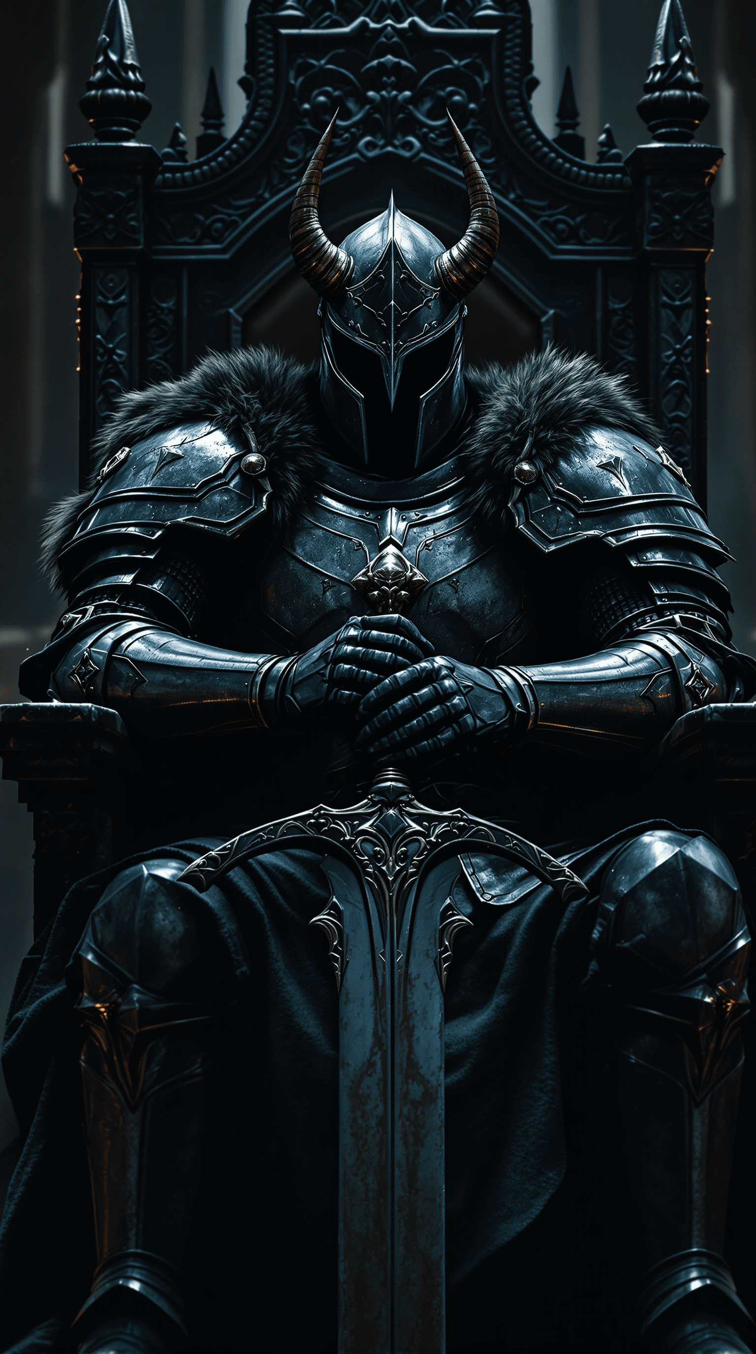 AI generated: A dark armored knight sitting on a gothic throne, gripping a massive broadsword with both hands, onl...